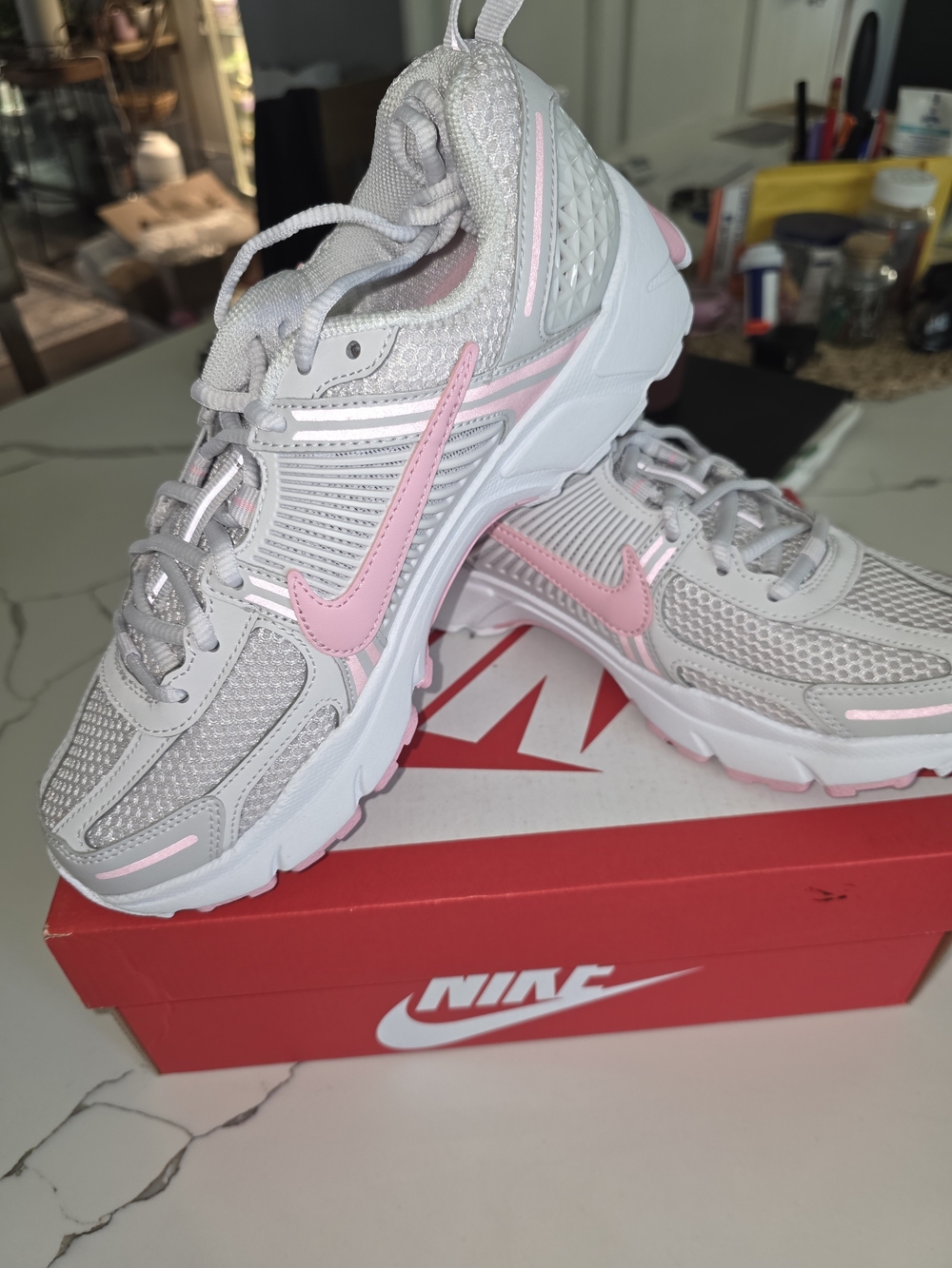 Nike Vomero 5 Mesh Sneakers in White with Pink Swoosh(women's 8)